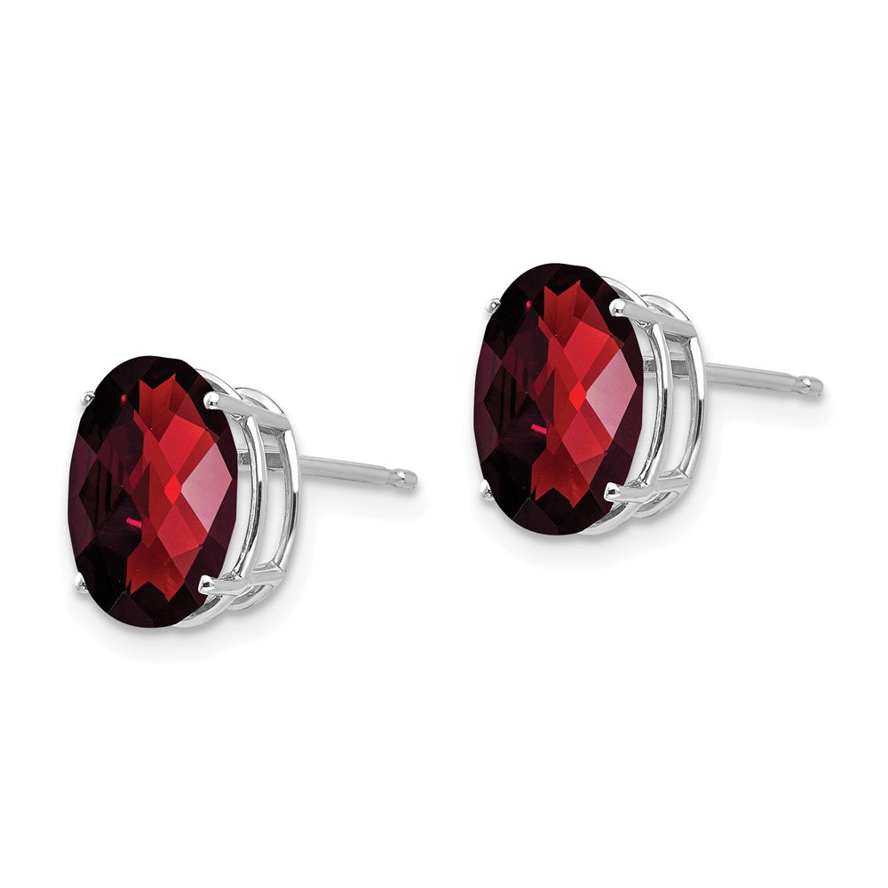 14K White Gold 10x8mm Oval Garnet Checker Stud Earrings
