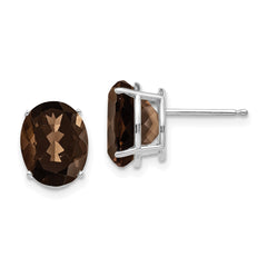 14K White Gold 10x8 Oval Smokey Quartz Stud Earrings