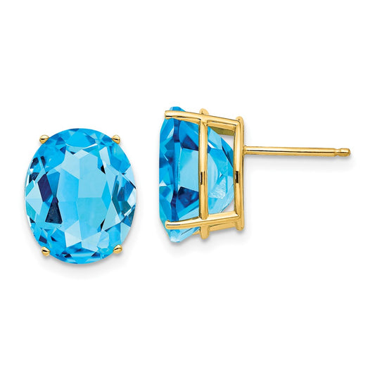 14K Yellow Gold 12x10mm Oval Blue Topaz Stud Earrings