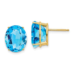 14K Yellow Gold 12x10mm Oval Blue Topaz Stud Earrings