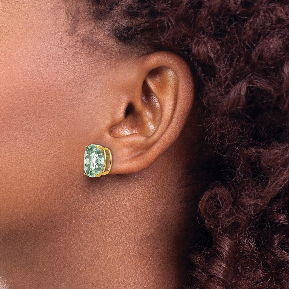 14K Yellow Gold 12x10 Oval Checker-cut Green Quartz Earrings