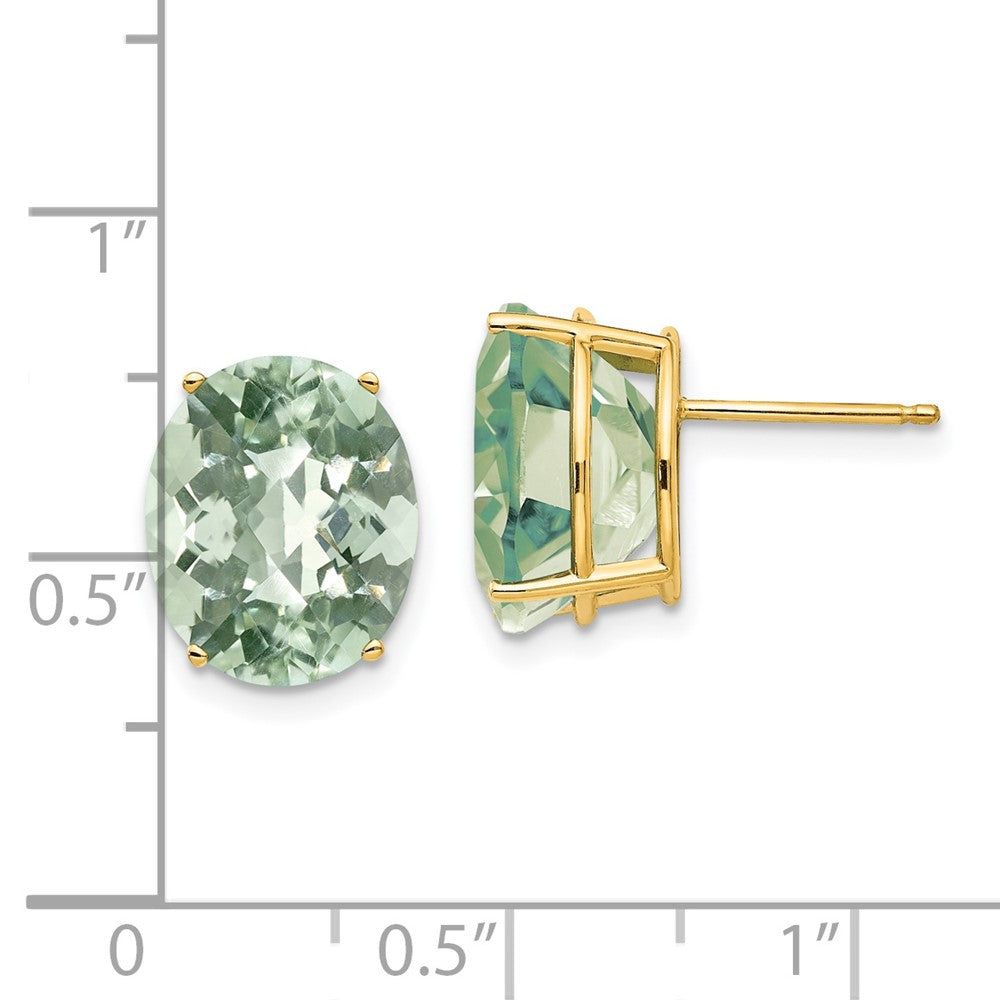 14K Yellow Gold 12x10 Oval Checker-cut Green Quartz Earrings