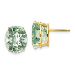 14K Yellow Gold 12x10 Oval Checker-cut Green Quartz Earrings