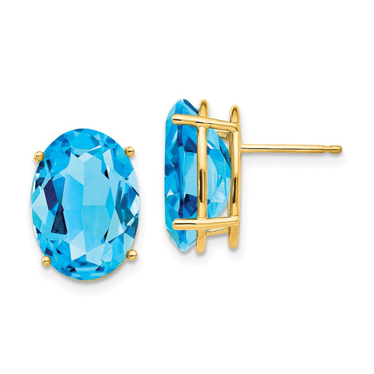 14K Yellow Gold 14x10mm Oval Blue Topaz Stud Earrings