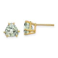 14K Yellow Gold 7mm Trillion Checker-cut Green Quartz Earrings