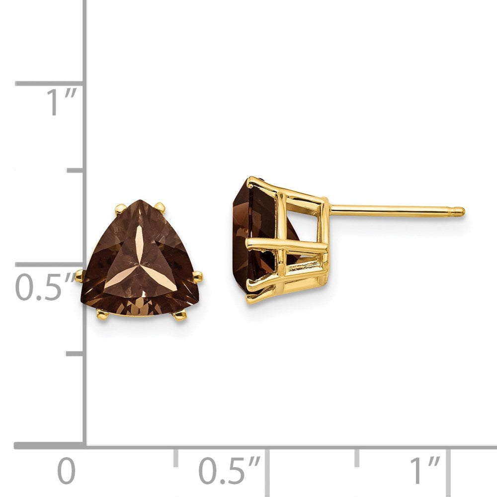 14K Yellow Gold 8mm Trillion Smokey Quartz Stud Earrings