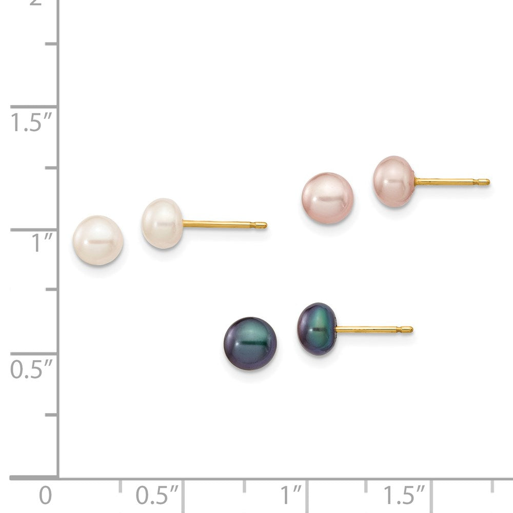 14K Yellow Gold 5-6mm Button FWC Pearl Boxed 3 pair Post Earrings Set