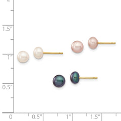 14K Yellow Gold 5-6mm Button FWC Pearl Boxed 3 pair Post Earrings Set