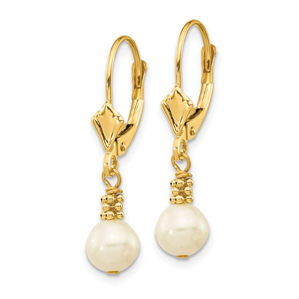 14K Yellow Gold 5-6mm White Semi-round FWC Pearl Leverback Earrings