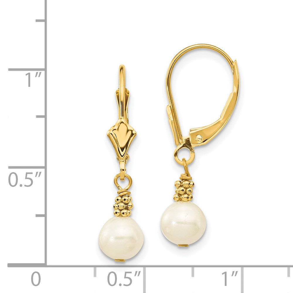 14K Yellow Gold 5-6mm White Semi-round FWC Pearl Leverback Earrings