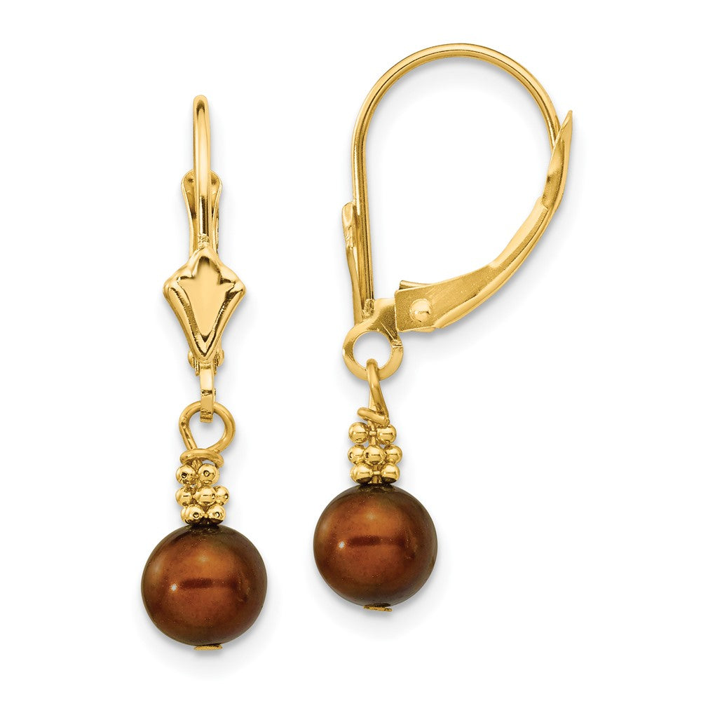 14K Yellow Gold 5-6mm Coffee Brown Semi-round FWC Pearl Leverback Earrings