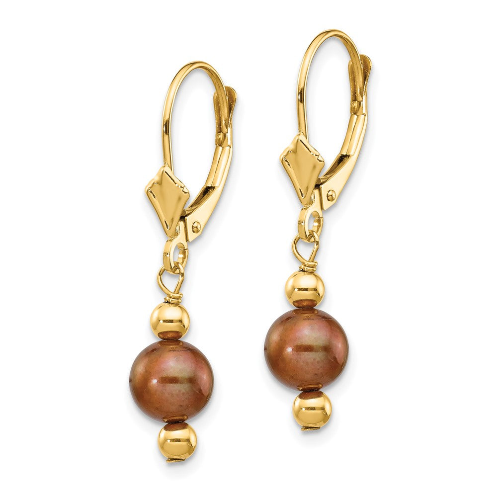 14K Yellow Gold 5-6mm Semi-round Coffee Brown FWC Pearl Leverback Earrings