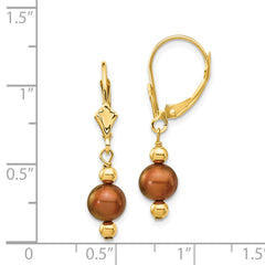 14K Yellow Gold 5-6mm Semi-round Coffee Brown FWC Pearl Leverback Earrings