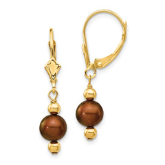 14K Yellow Gold 5-6mm Semi-round Coffee Brown FWC Pearl Leverback Earrings