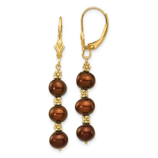 14K Yellow Gold 5-6mm Coffee Brown Semi-round FWC Pearl Leverback Earrings