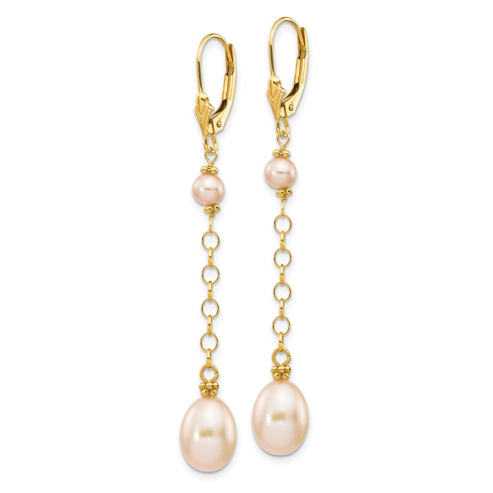 14K Yellow Gold 5-8mm Pink FWC Pearl Leverback Earrings