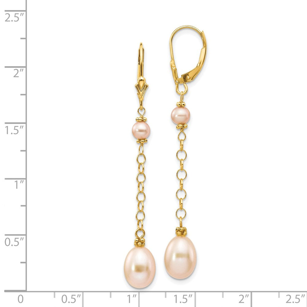 14K Yellow Gold 5-8mm Pink FWC Pearl Leverback Earrings