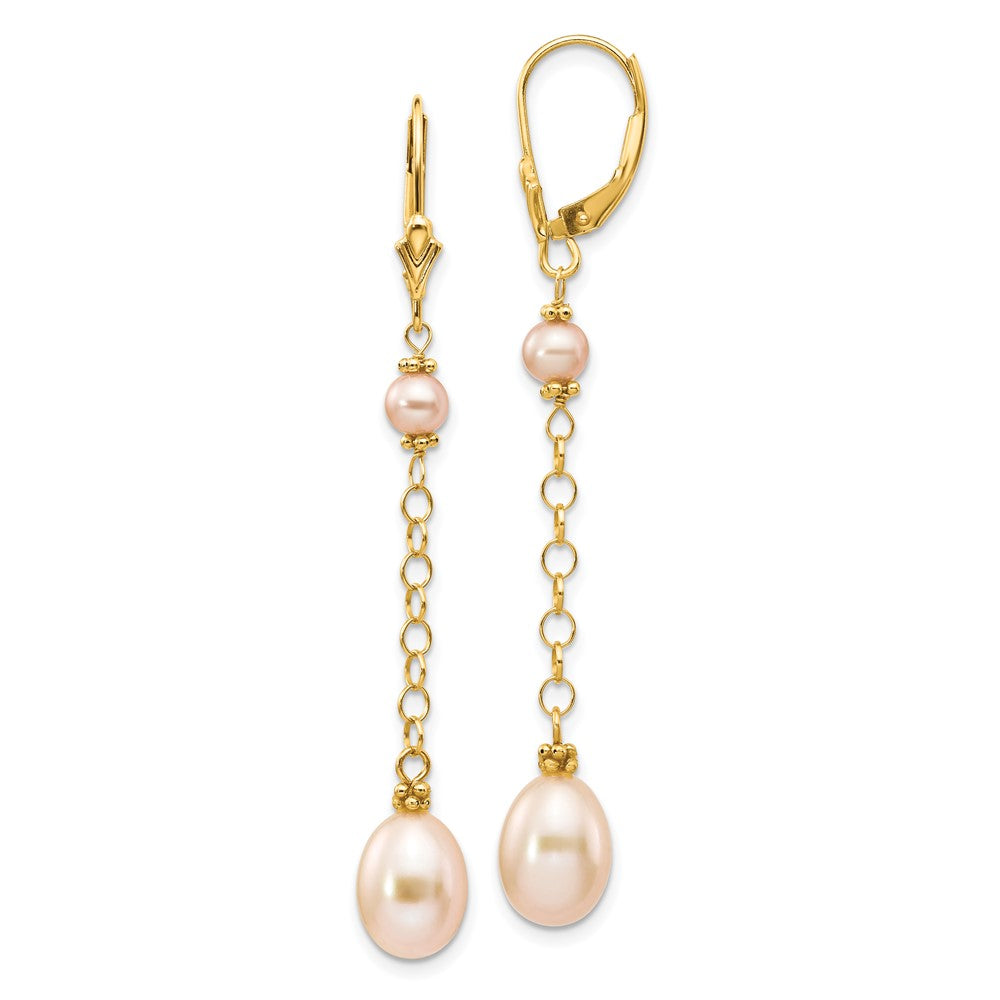 14K Yellow Gold 5-8mm Pink FWC Pearl Leverback Earrings