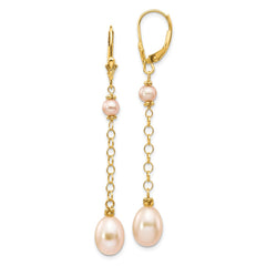 14K Yellow Gold 5-8mm Pink FWC Pearl Leverback Earrings