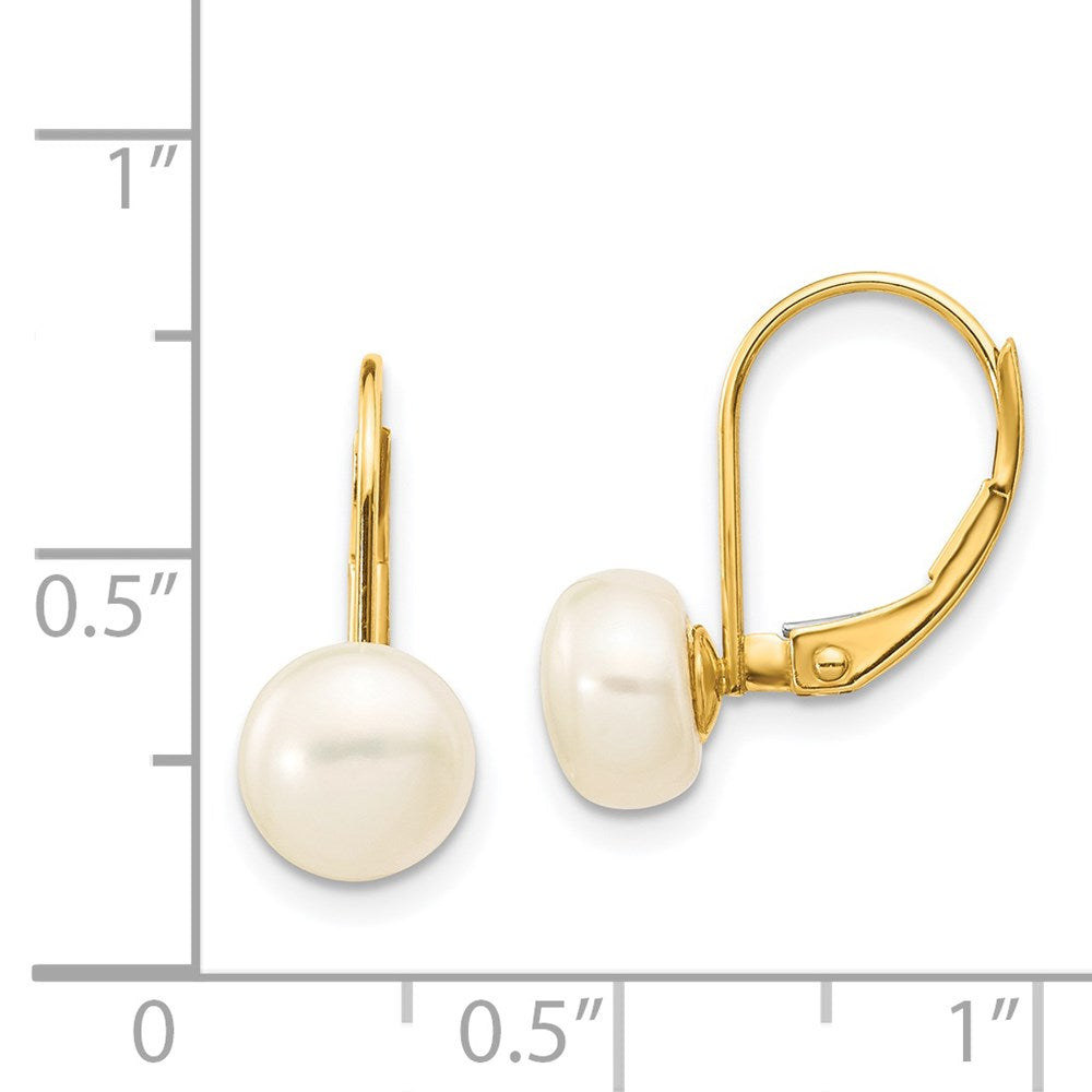 14K Yellow Gold 7-8mm White Button FWC Pearl Leverback Earrings