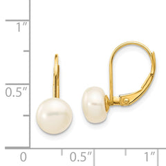 14K Yellow Gold 7-8mm White Button FWC Pearl Leverback Earrings