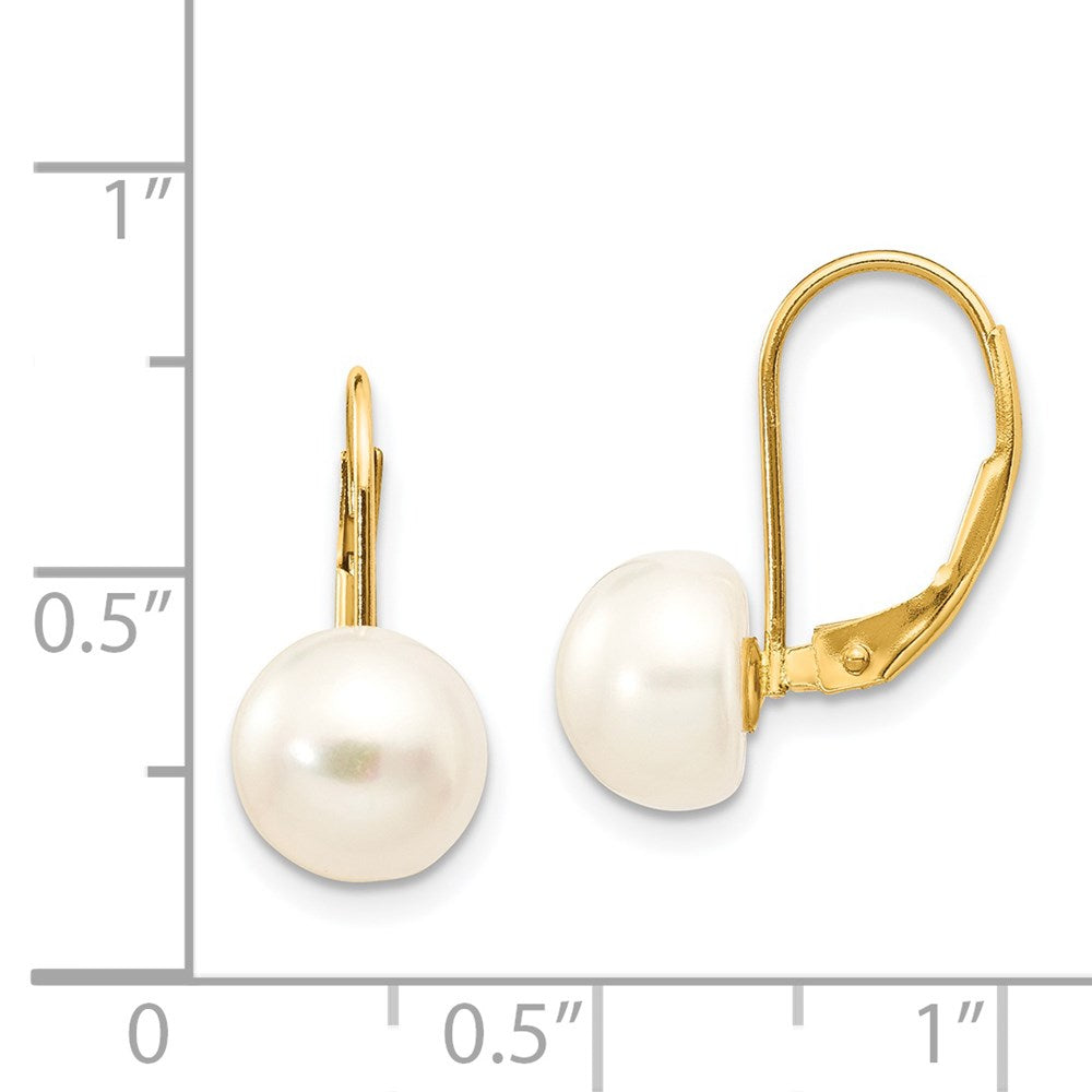 14K Yellow Gold 8-9mm White Button FWC Pearl Leverback Earrings