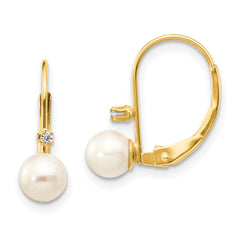 14K Yellow Gold 5-6mm Round White FWC Pearl .02 ct. Diamond Leverback Earrings