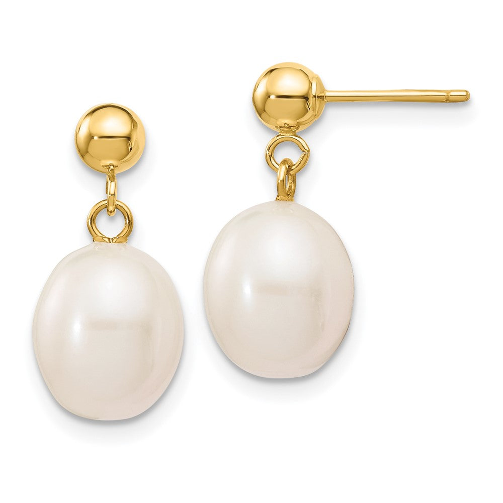 14K Yellow Gold 8-9mm White Rice FWC Pearl Dangle Post Earrings