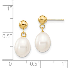 14K Yellow Gold 7-8mm White Rice FWC Pearl Dangle Post Earrings