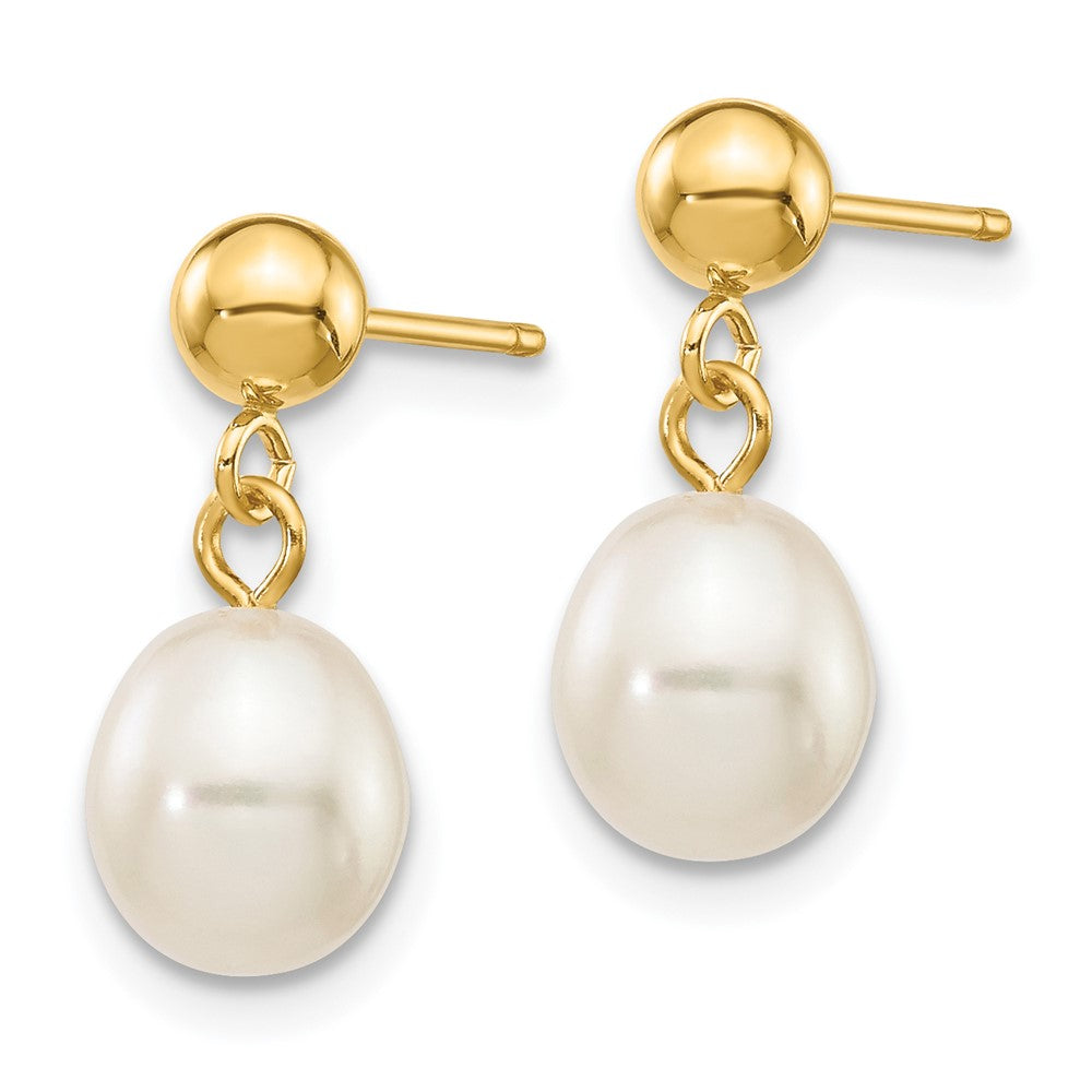 14K Yellow Gold 6-7mm White Rice FWC Pearl Dangle Post Earrings
