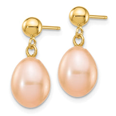 14K Yellow Gold 7-8mm Pink Rice FWC Pearl Dangle Post Earrings
