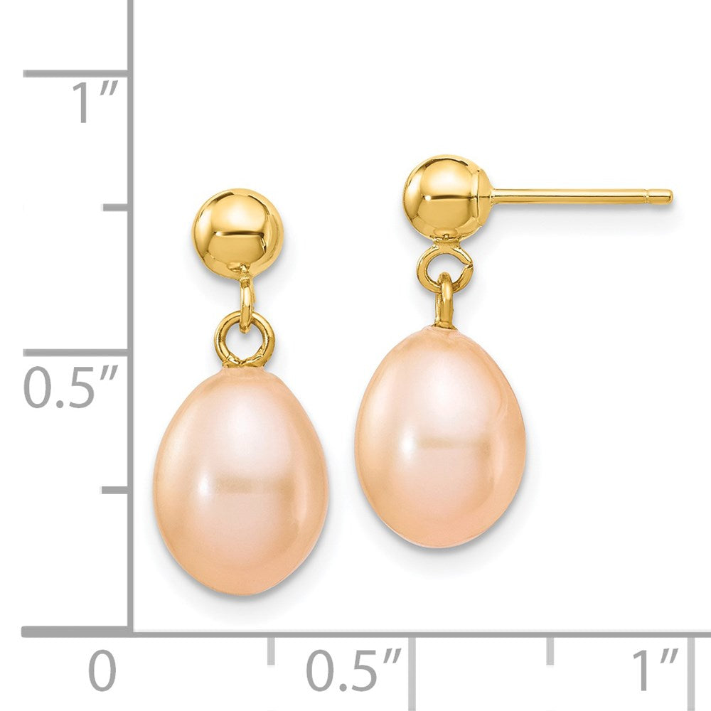 14K Yellow Gold 7-8mm Pink Rice FWC Pearl Dangle Post Earrings