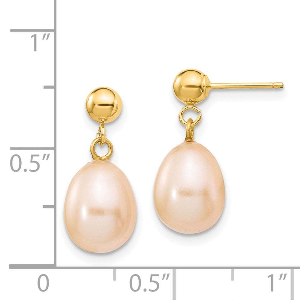 14K Yellow Gold 8-9mm Pink Rice FWC Pearl Dangle Post Earrings