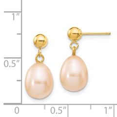 14K Yellow Gold 8-9mm Pink Rice FWC Pearl Dangle Post Earrings