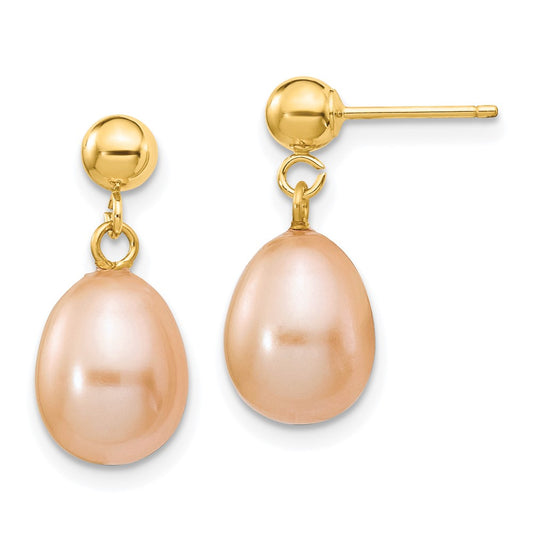 14K Yellow Gold 8-9mm Pink Rice FWC Pearl Dangle Post Earrings