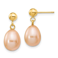 14K Yellow Gold 8-9mm Pink Rice FWC Pearl Dangle Post Earrings