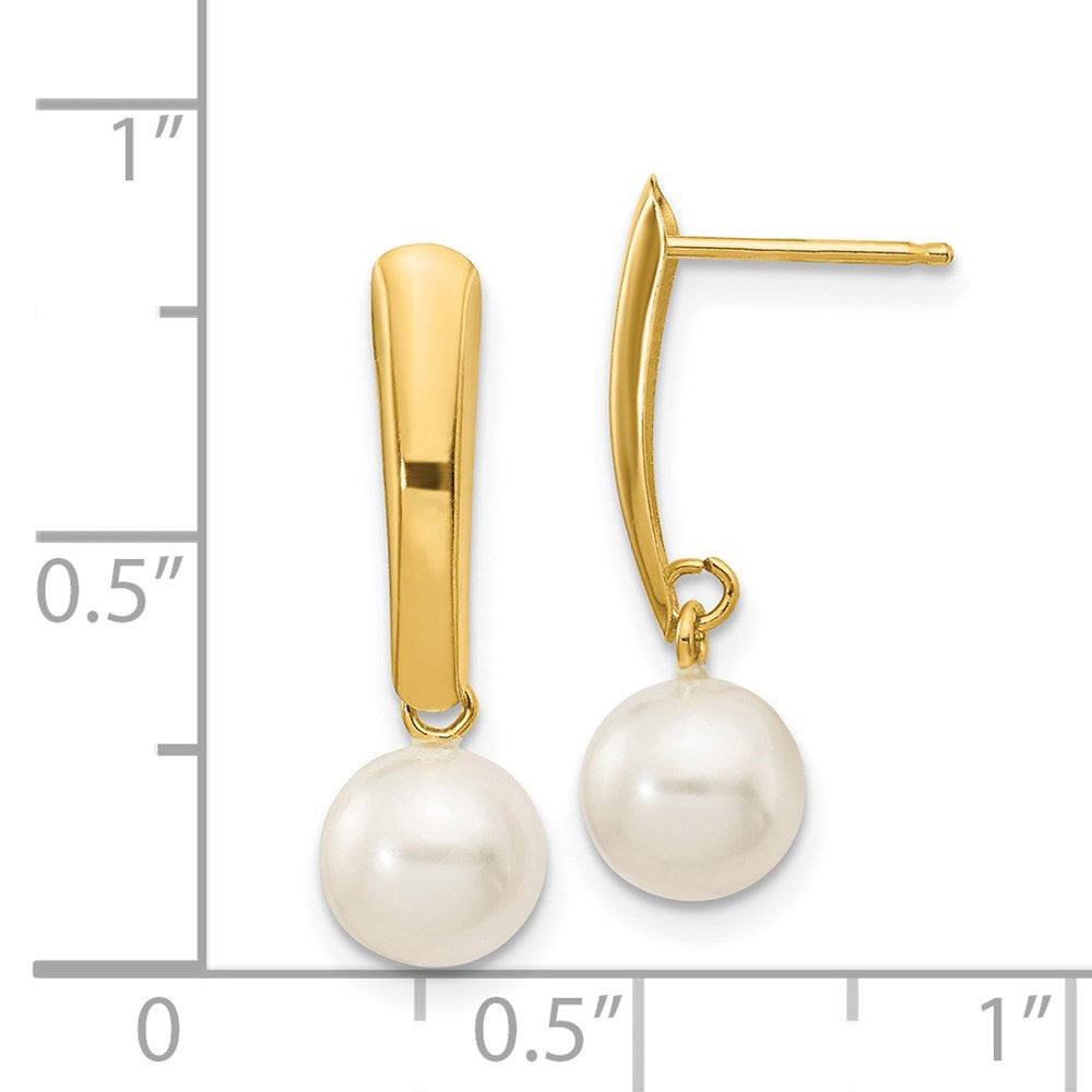 14K Yellow Gold 6-7mm White Round FWC Pearl Dangle Post Earrings