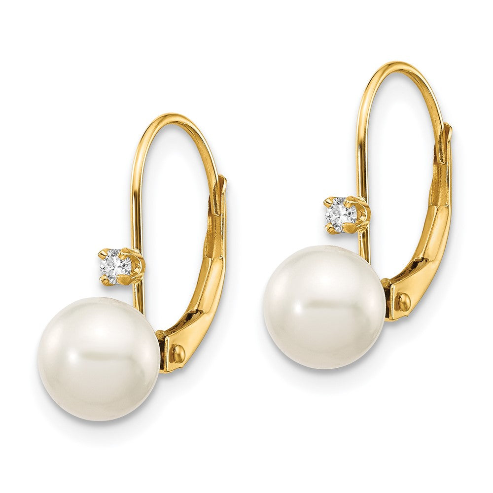 14K Yellow Gold 6-7mm Round White FWC Pearl .06ct. Diamond Leverback Earrings