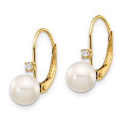 14K Yellow Gold 6-7mm Round White FWC Pearl .06ct. Diamond Leverback Earrings