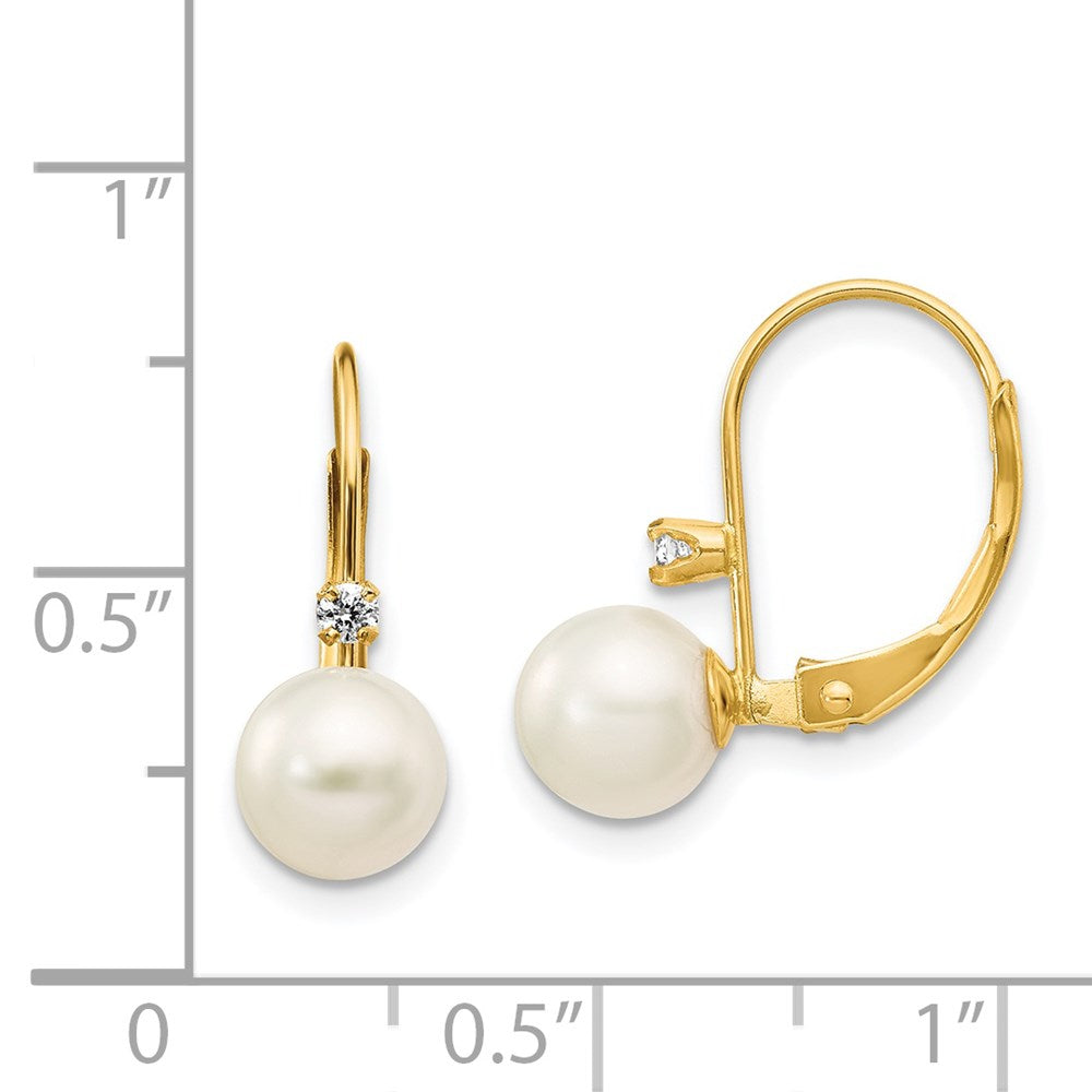 14K Yellow Gold 6-7mm Round White FWC Pearl .06ct. Diamond Leverback Earrings