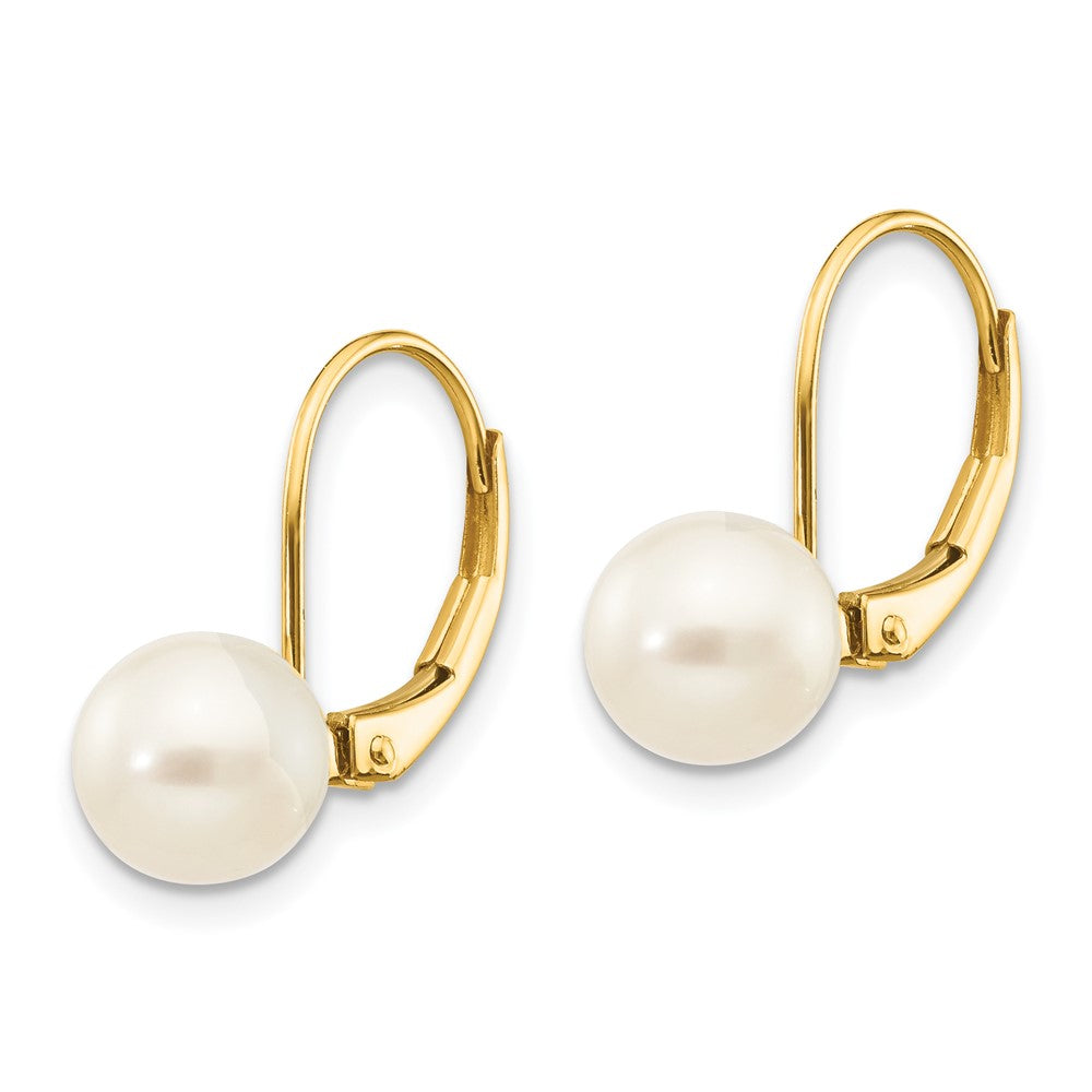 14K Yellow Gold 7-8mm White Round FWC Pearl Leverback Earrings