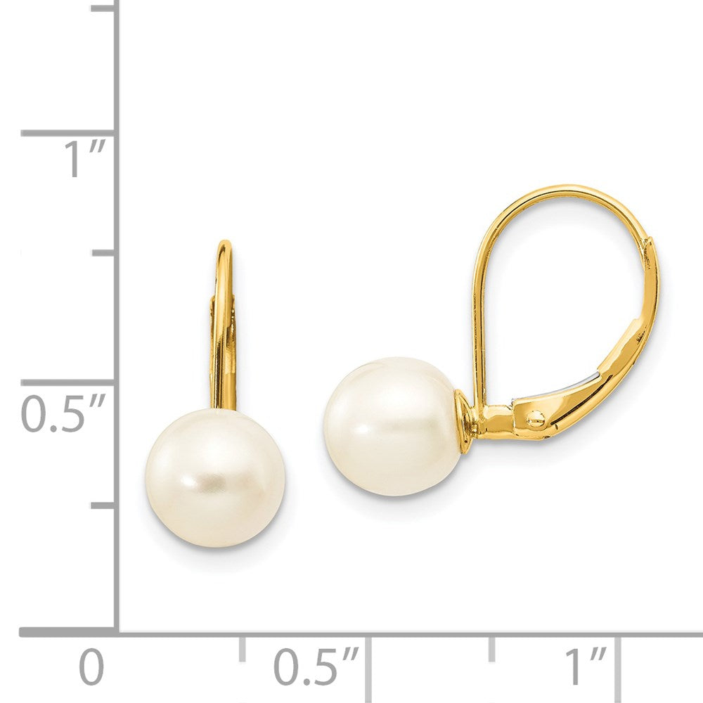 14K Yellow Gold 7-8mm White Round FWC Pearl Leverback Earrings