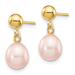 14K Yellow Gold 6-7mm Pink Rice FWC Pearl Dangle Post Earrings