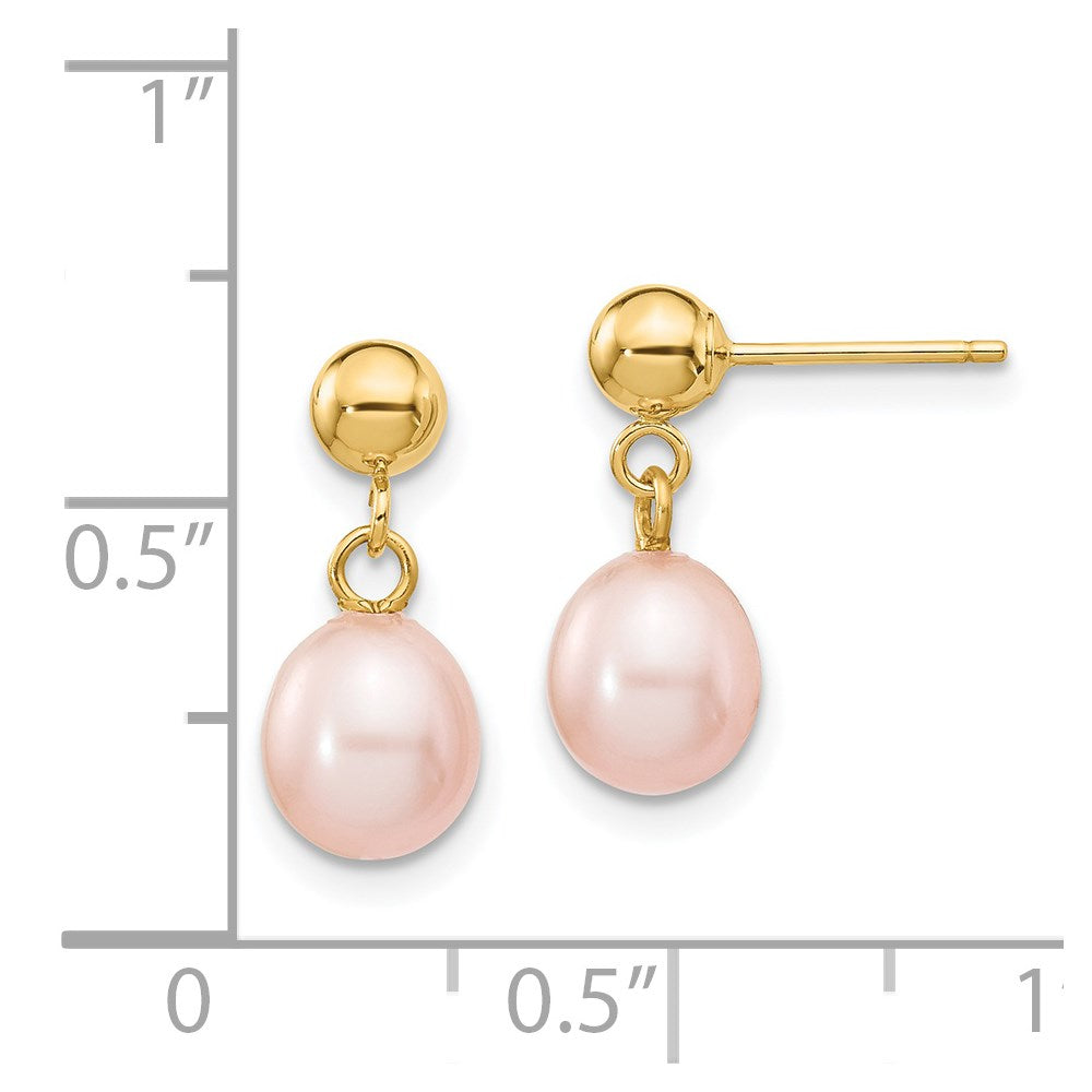 14K Yellow Gold 6-7mm Pink Rice FWC Pearl Dangle Post Earrings