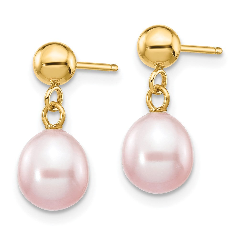 14K Yellow Gold 6-7mm Purple Rice FWC Pearl Dangle Post Earrings