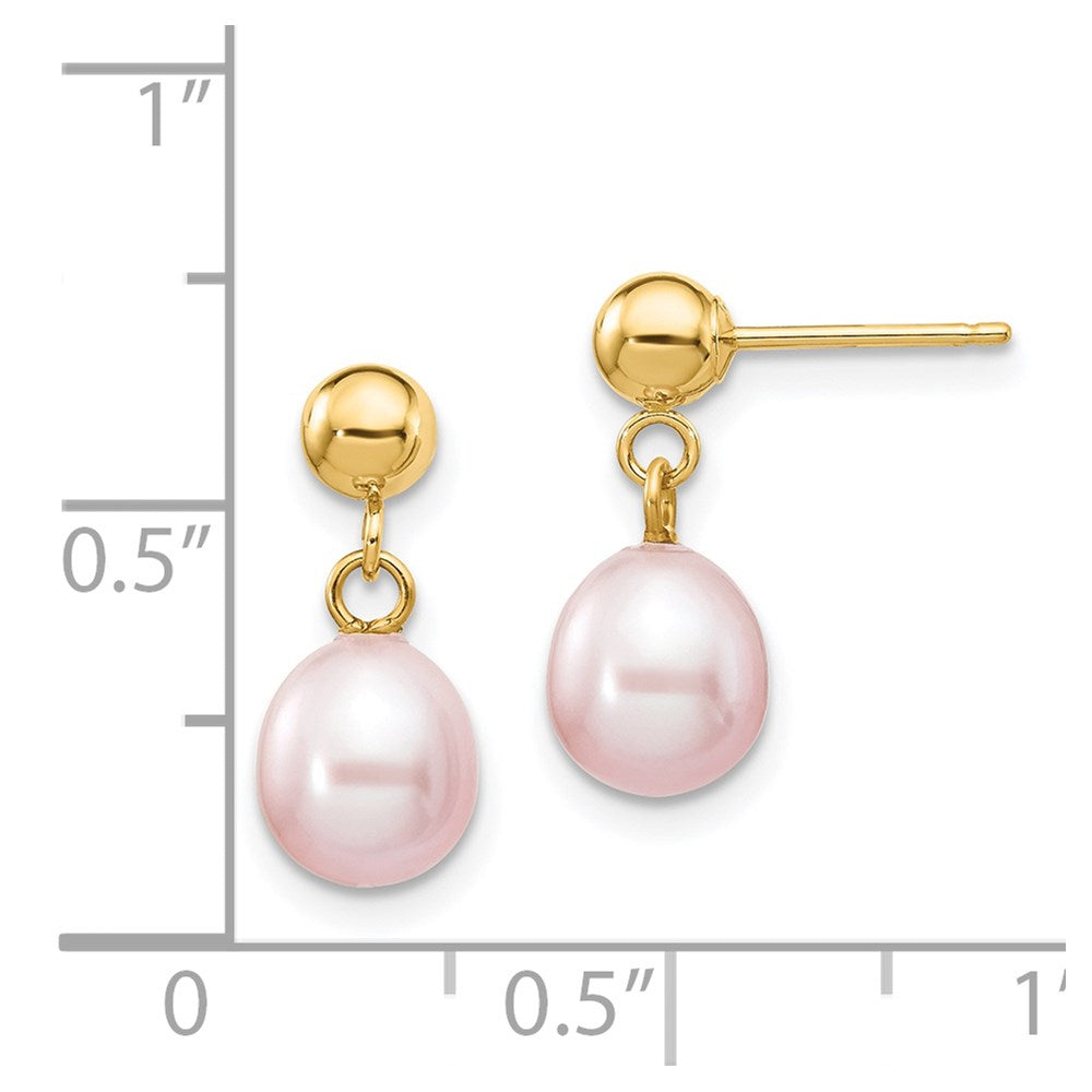 14K Yellow Gold 6-7mm Purple Rice FWC Pearl Dangle Post Earrings