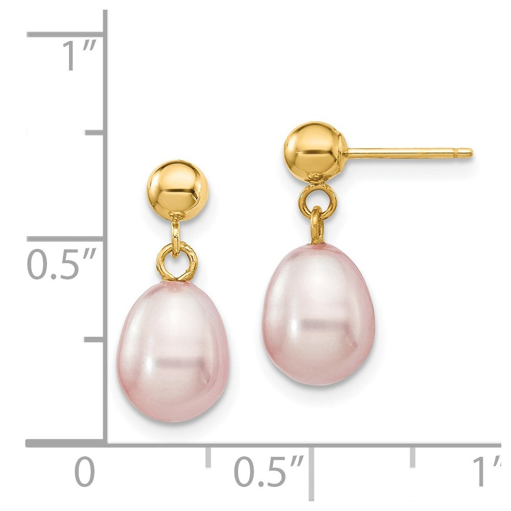 14K Yellow Gold 7-8mm Purple Rice FWC Pearl Dangle Post Earrings