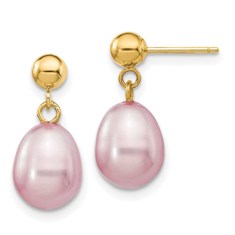 14K Yellow Gold 7-8mm Purple Rice FWC Pearl Dangle Post Earrings