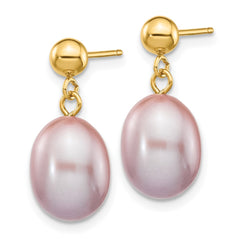 14K Yellow Gold 8-9mm Purple Rice FWC Pearl Dangle Post Earrings