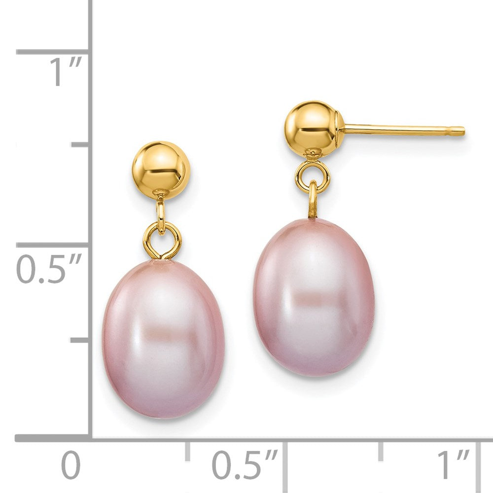 14K Yellow Gold 8-9mm Purple Rice FWC Pearl Dangle Post Earrings